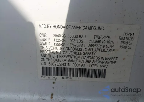 2022 Acura Mdx Standard from USA, damaged, VIN 5J8YD9H31NL000493
